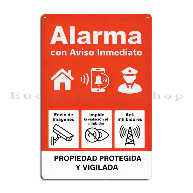 Home Security With Alarm - 레트로 24시간 알람 시스템 금속 간판